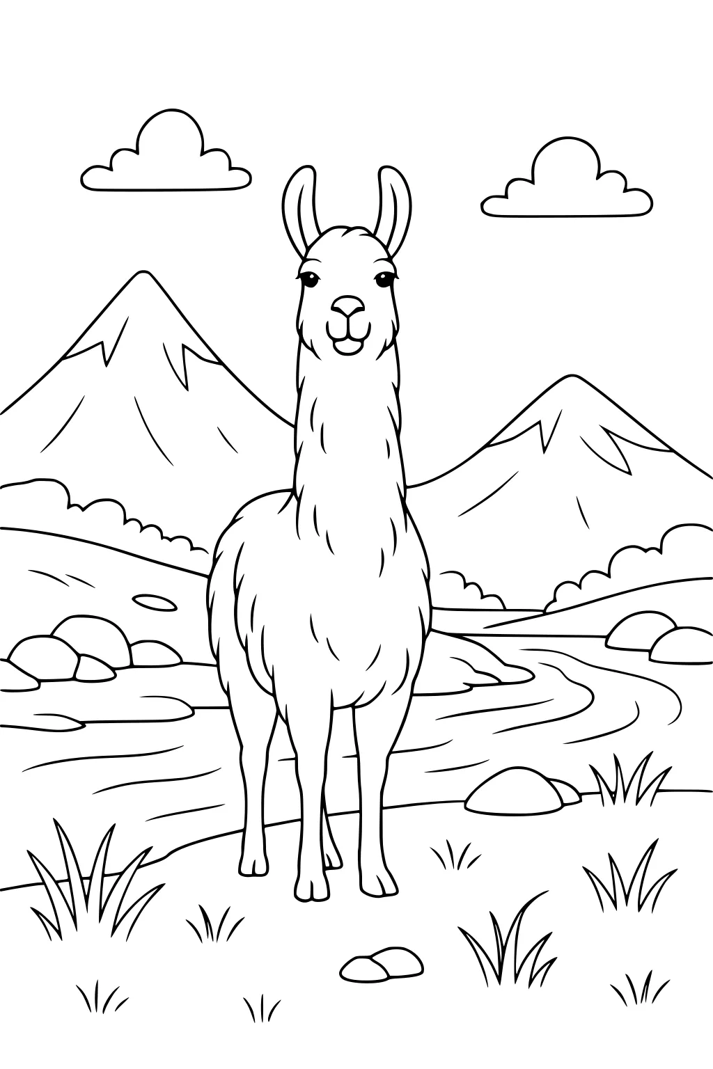 Llama with long fur stands in front of mountains, grass, rocks, and a river, under two clouds in the sky.