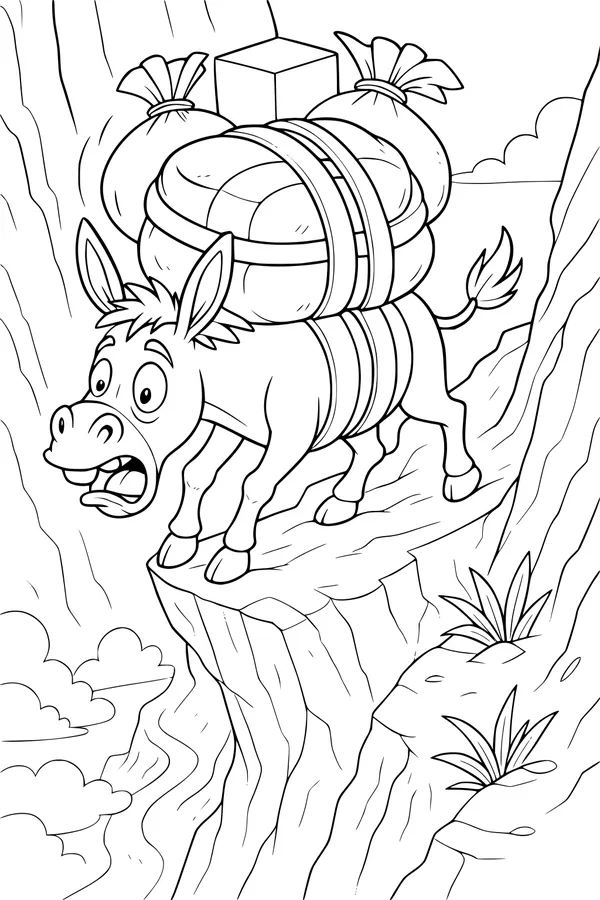 Free Donkey Coloring Page - Nervous Pack Donkey on Mountain Trail (Printable PDF)