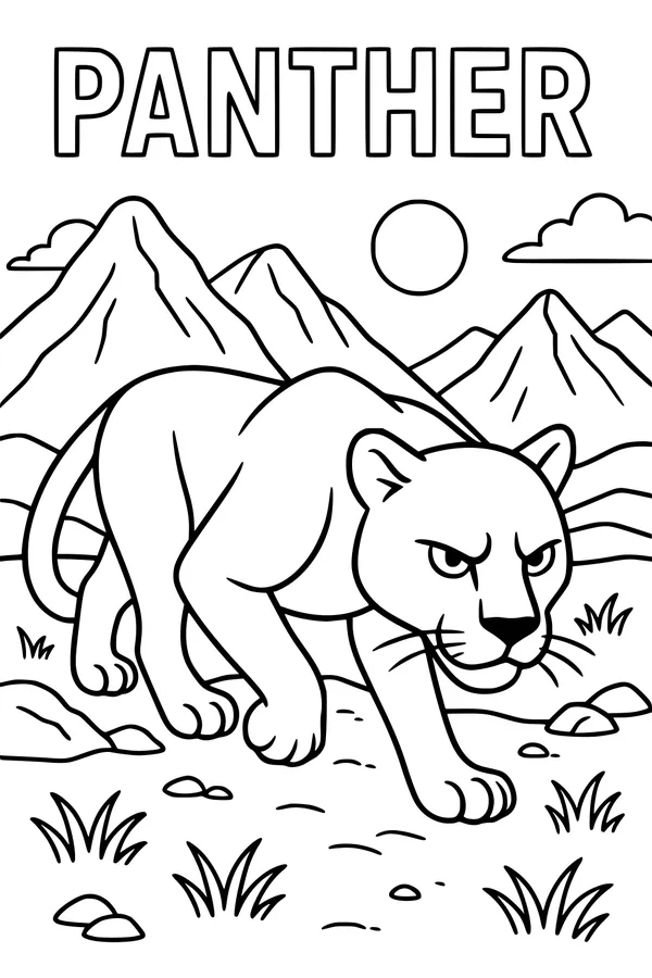 Free Panther Coloring Page - Mountain Wild Cat on Rocky Trail (Printable PDF)