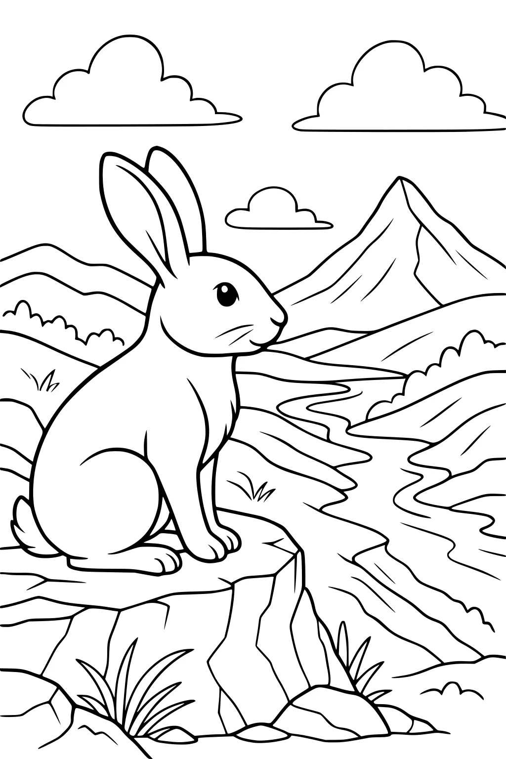 Rabbit sitting on a rock by a river with hills, mountains, and clouds in the background.
