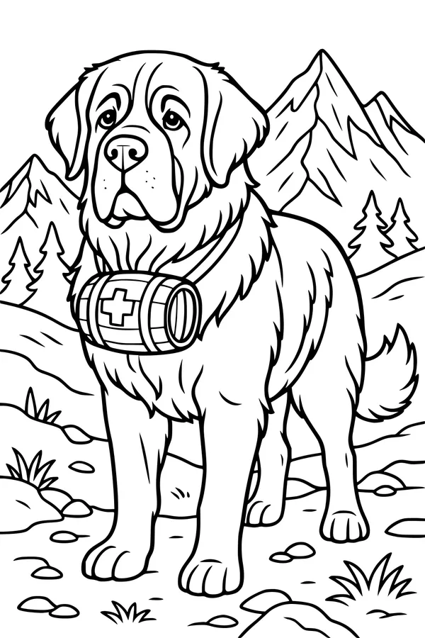 Free Saint Bernard Dog Coloring Page - Mountain Rescue Hero with Barrel (Printable PDF)