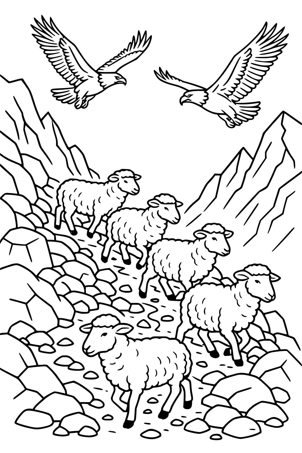 Five sheep on a rocky path in the mountains with two large eagles flying overhead.