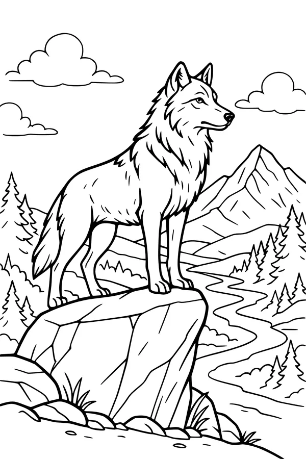Free Wolf Coloring Page - Guardian on Mountain Ridge (Printable PDF)
