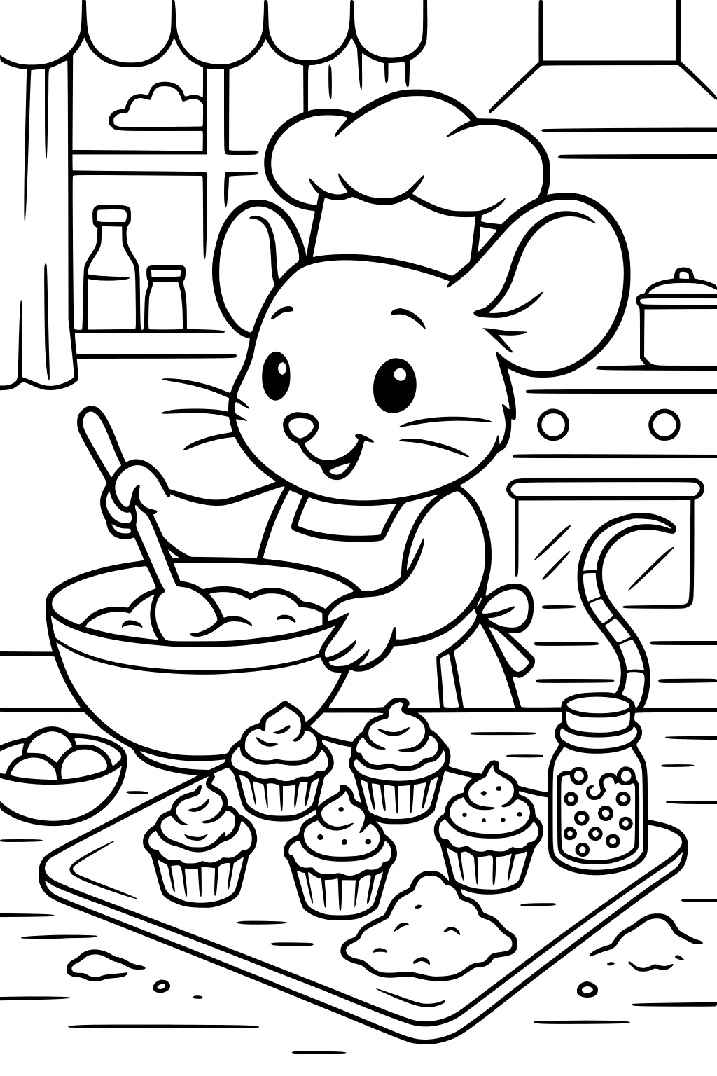 Mouse in chef hat stirring batter, cupcakes on tray, kitchen background with window, bottles, pot, and baking tools.