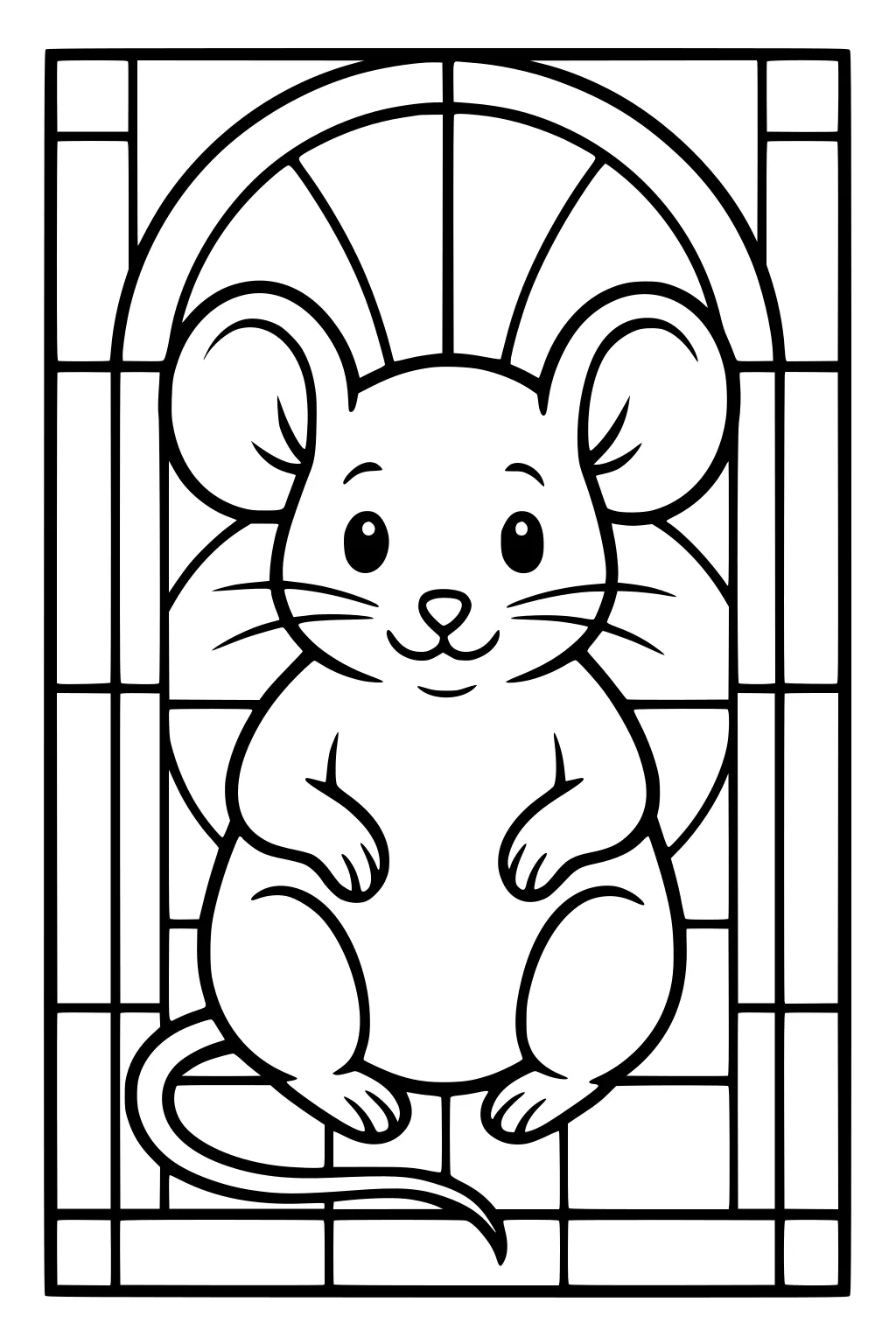 Round mouse sitting inside a window frame with big ears, long tail, and geometric window border.