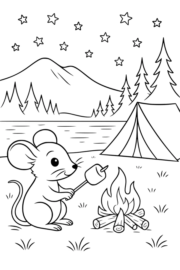 Free Mouse Coloring Page - Camping By the Campfire at Night (Printable PDF)