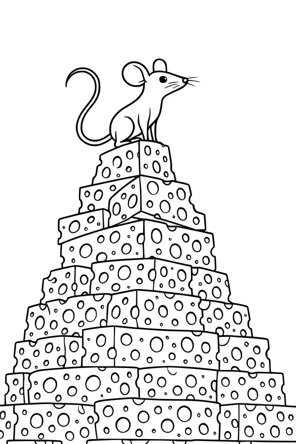 Free Mouse Coloring Page - Cute Mouse on Cheesy Pyramid (Printable PDF)