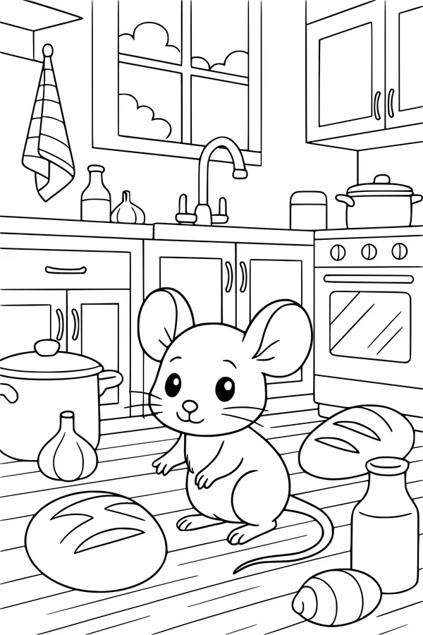 Free Mouse Coloring Page - Cute Kitchen Breakfast Scene (Printable PDF)