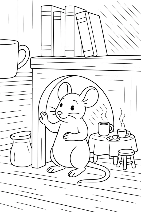 Free Mouse Coloring Page - Cozy Tea Time Under the Bookshelf (Printable PDF)