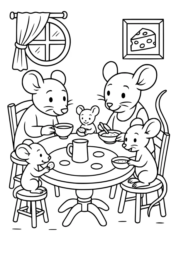 Free Mouse Family Coloring Page - Cozy Breakfast Kitchen Scene (Printable PDF)