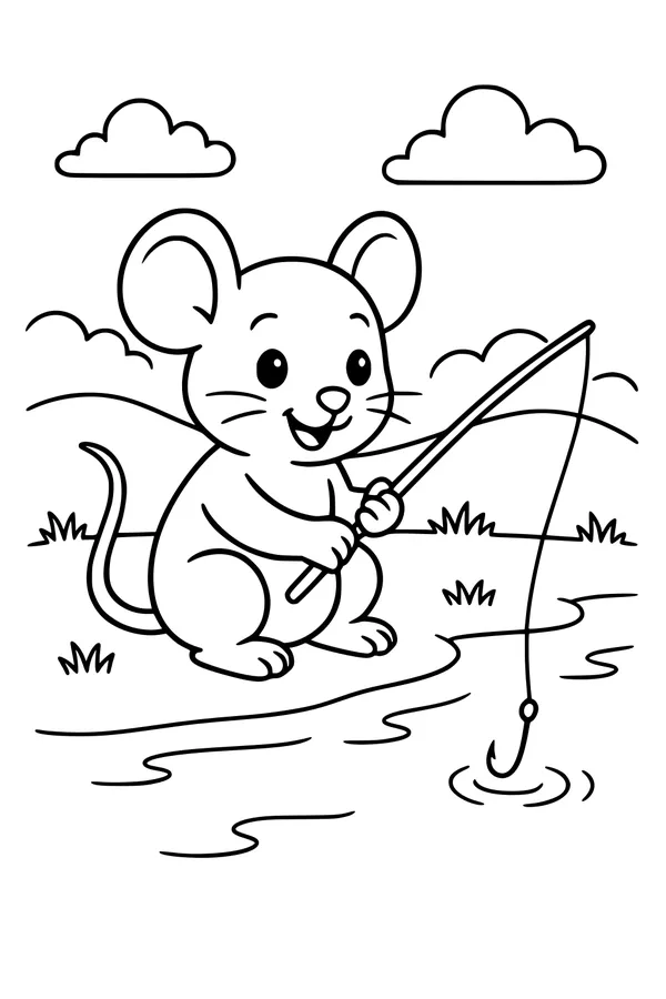 Free Mouse Coloring Page - Little Mouse Fishing by the Pond (Printable PDF)