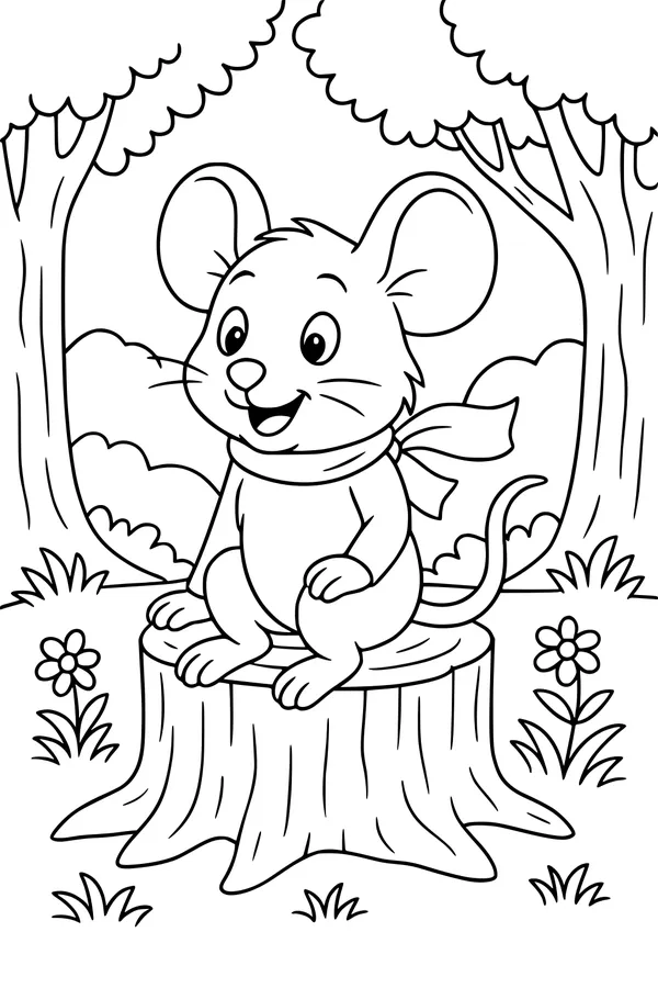 Free Mouse Coloring Page - Cozy Forest Stump Scene (Printable PDF)