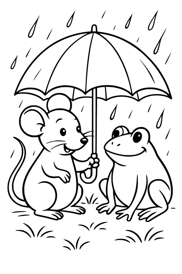 Free Mouse Coloring Page - Sharing an Umbrella with Frog in the Rain (Printable PDF)