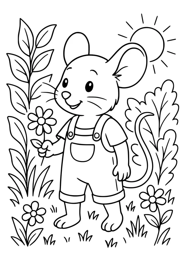 Free Mouse Coloring Page - Millie in a Sunny Garden (Printable PDF)