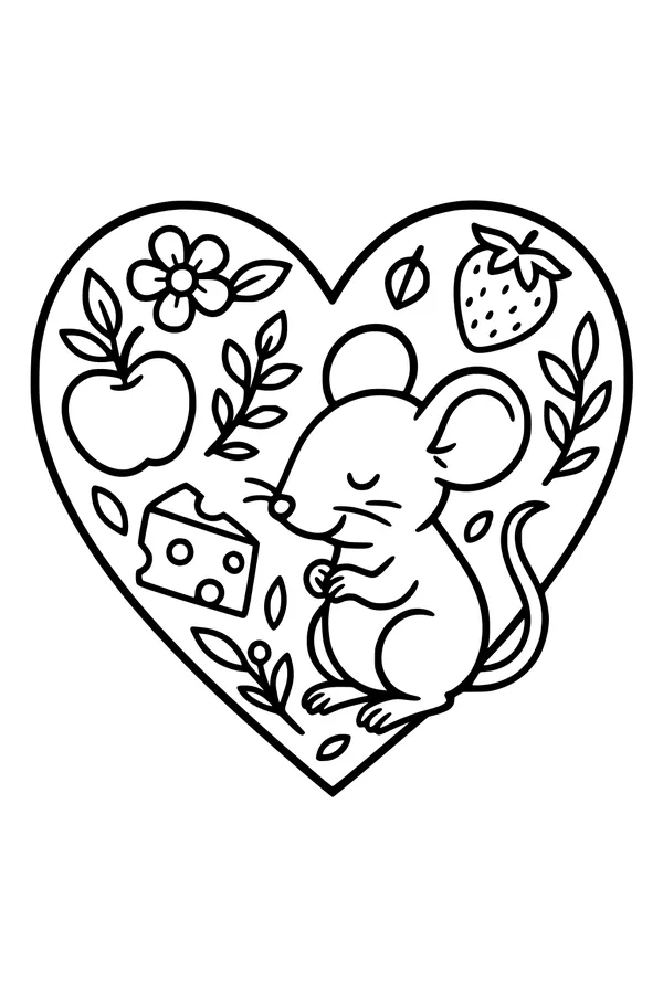 Free Mouse Coloring Page - Cute Heart Garden Picnic (Printable PDF)