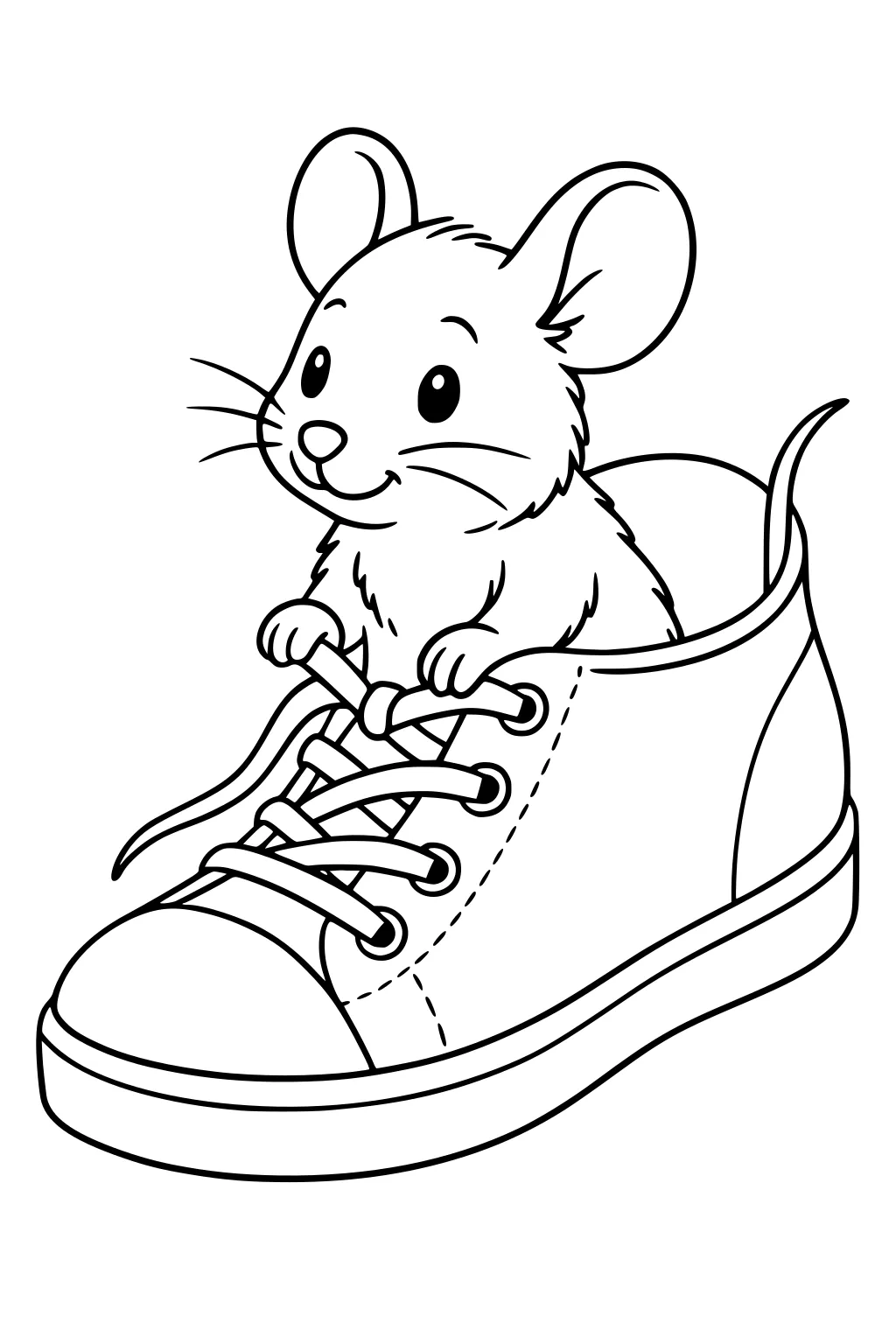 A happy mouse sitting inside a big sneaker, holding onto the shoelace with both paws, ears perked up.