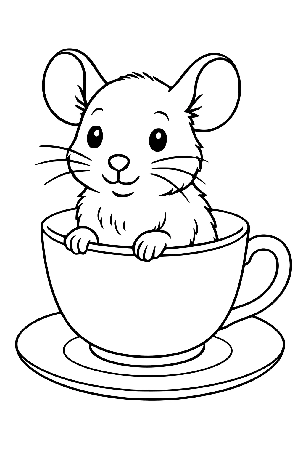 Mouse with big ears and whiskers sitting inside a teacup on a saucer, paws resting on the rim, smiling forward.