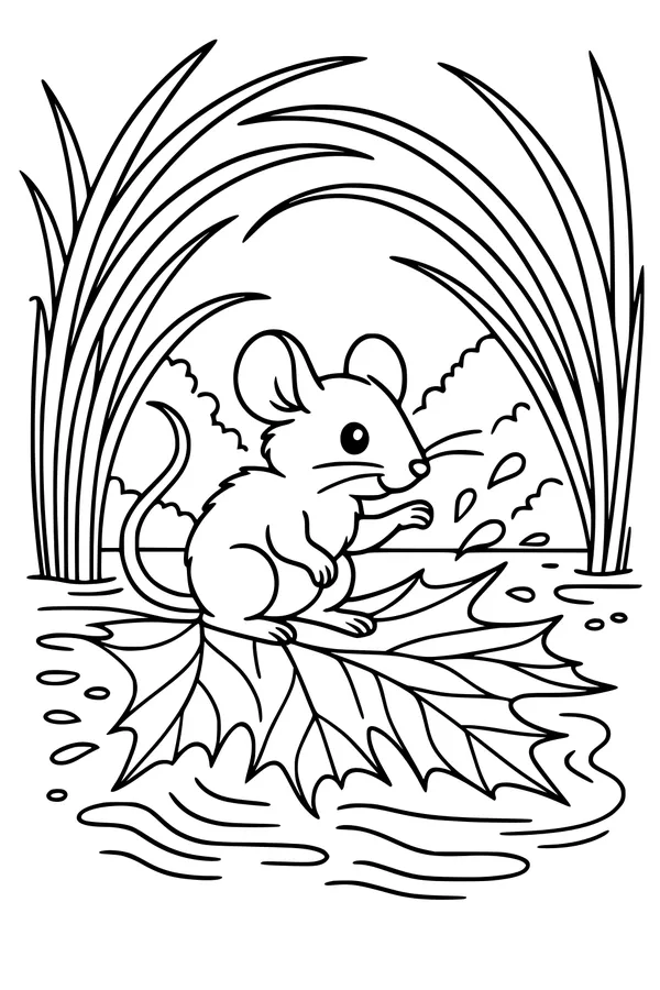 Free Mouse Coloring Page - Cute Pond Explorer on Leaf (Printable PDF)