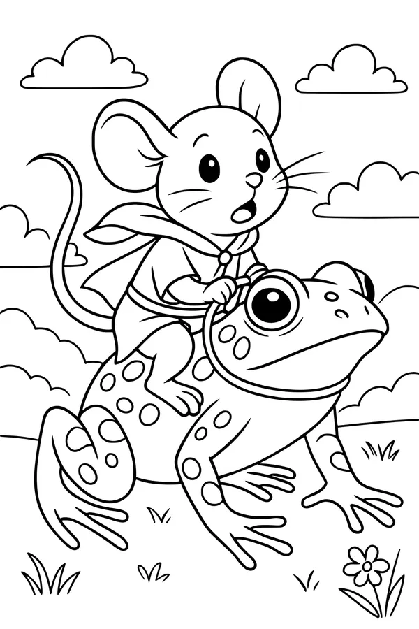 Free Mouse Coloring Page - Maxwell Rides a Spotted Frog (Printable PDF)