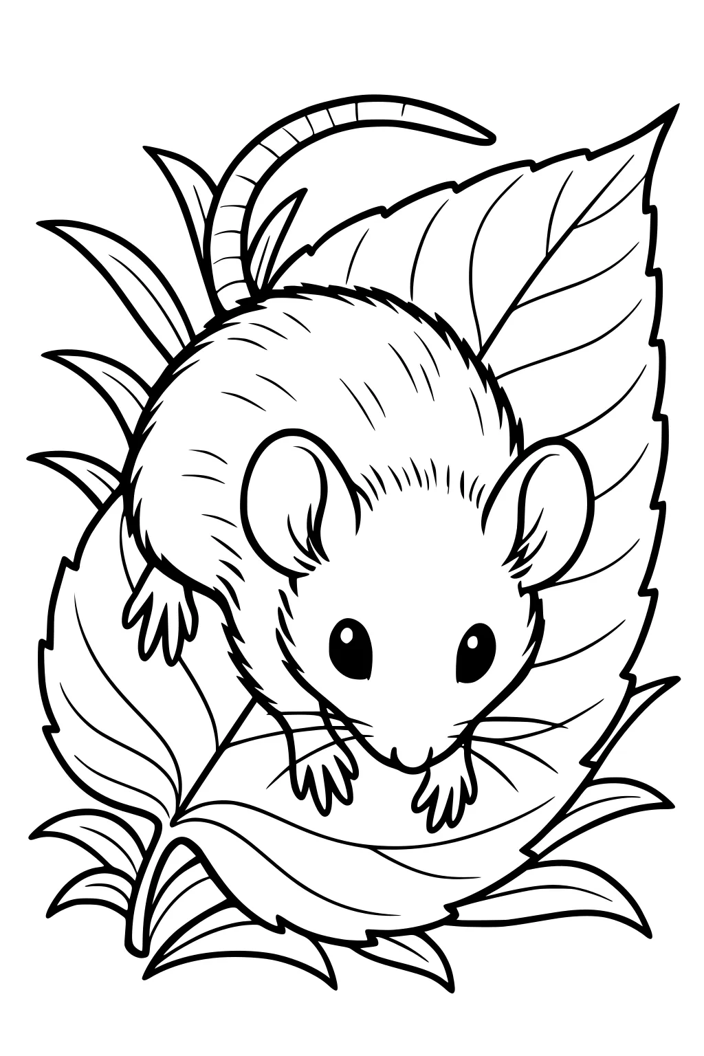 Mouse with big eyes and a long tail sitting on a large leaf, surrounded by more leaves.
