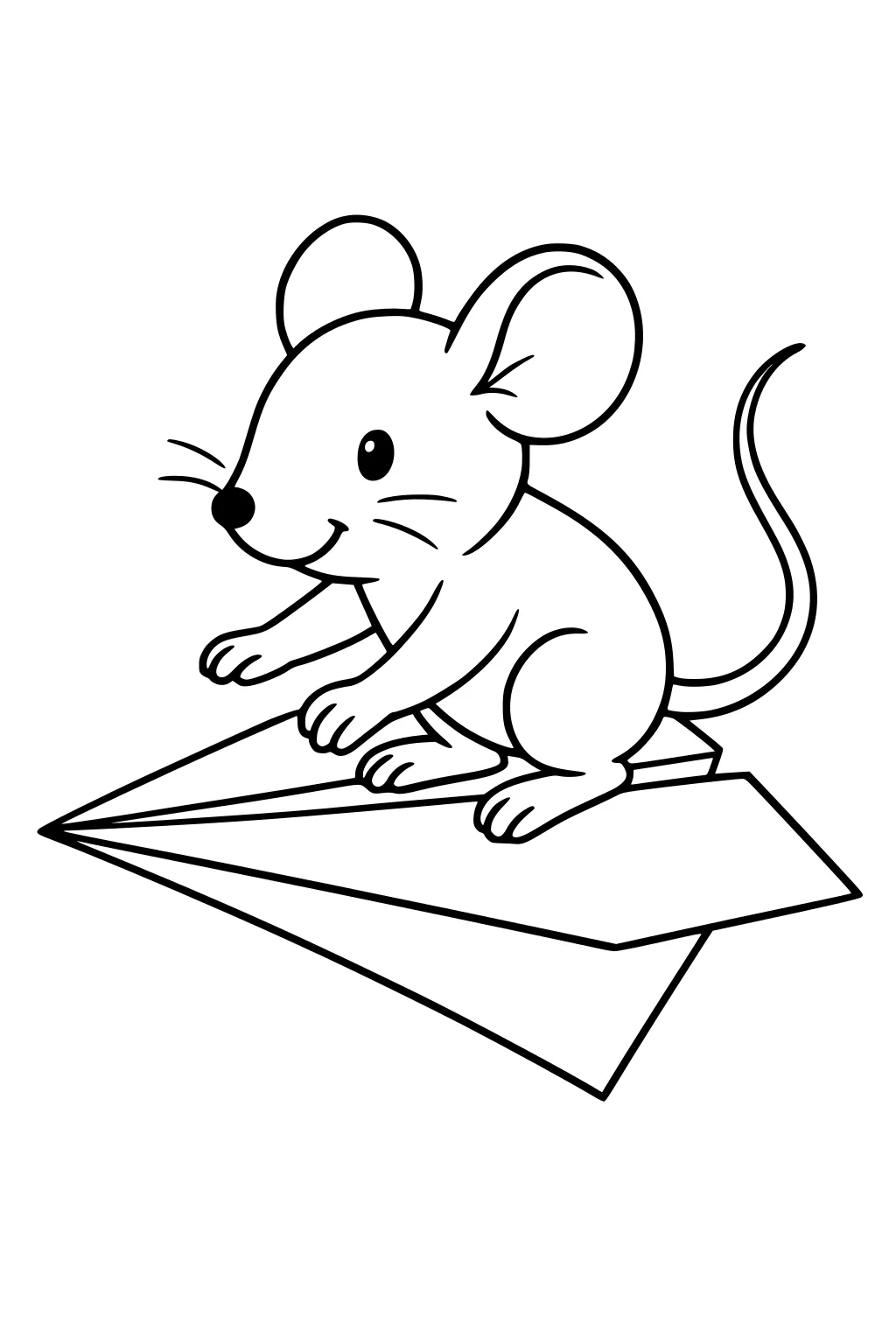 A mouse with big ears and a long tail sits on a large paper airplane, smiling and looking forward.