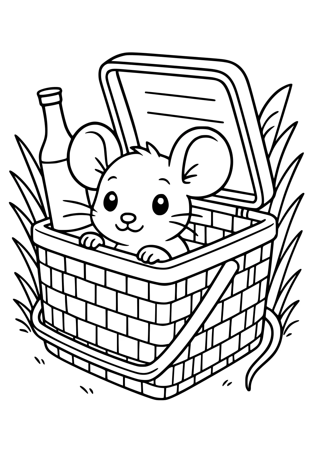 Mouse peeking over a picnic basket edge, bottle inside, surrounded by tall grass, and mouse tail sticking out.