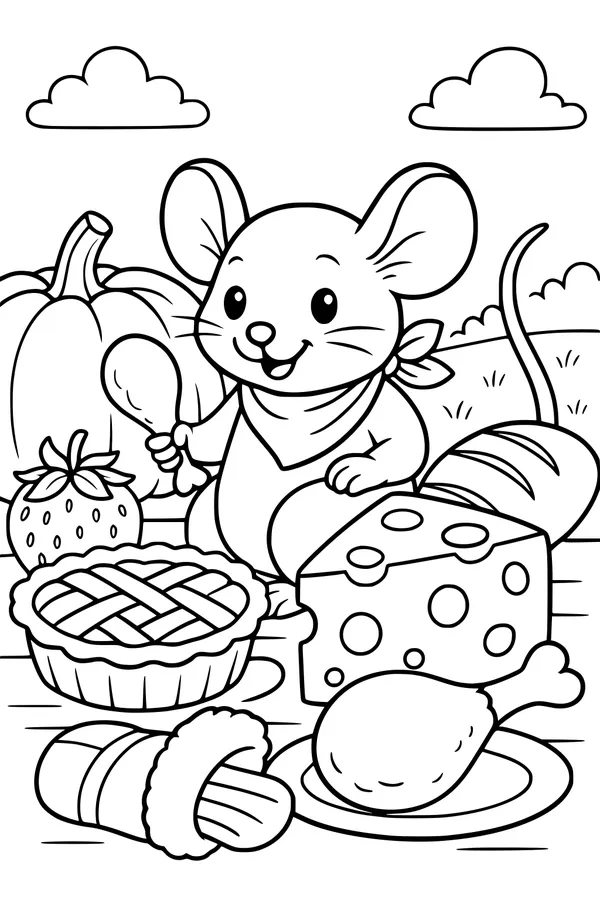 Free Mouse Coloring Page - Picnic Feast With Tasty Treats (Printable PDF)