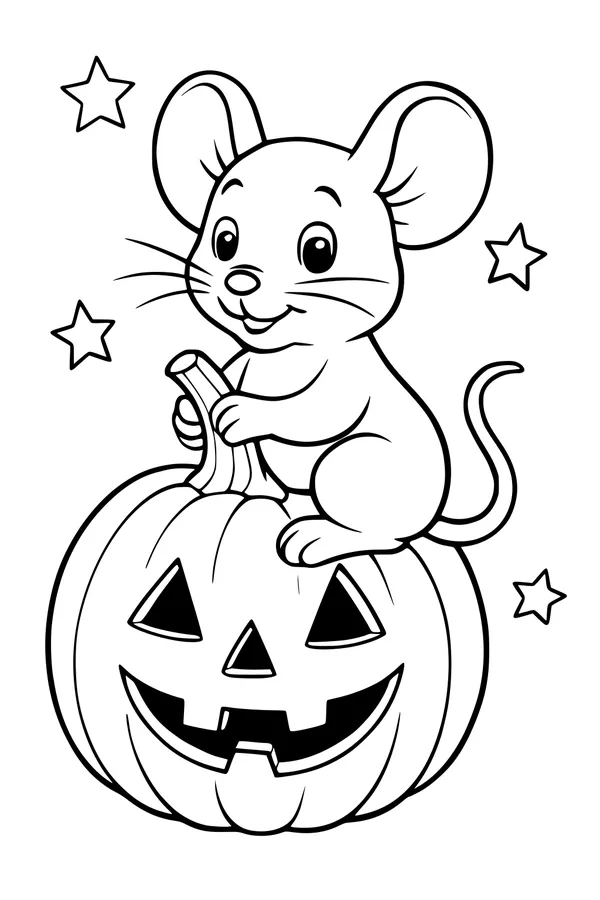 Free Mouse Coloring Page - Halloween Pumpkin Under Starry Night (Printable PDF)