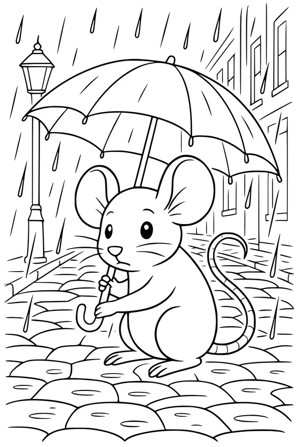 Free Mouse Coloring Page - Rainy Cobblestone Street Scene (Printable PDF)