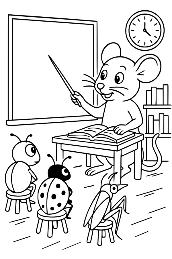 Free Mouse Teacher Coloring Page - Professor Teaching Bug School (Printable PDF)