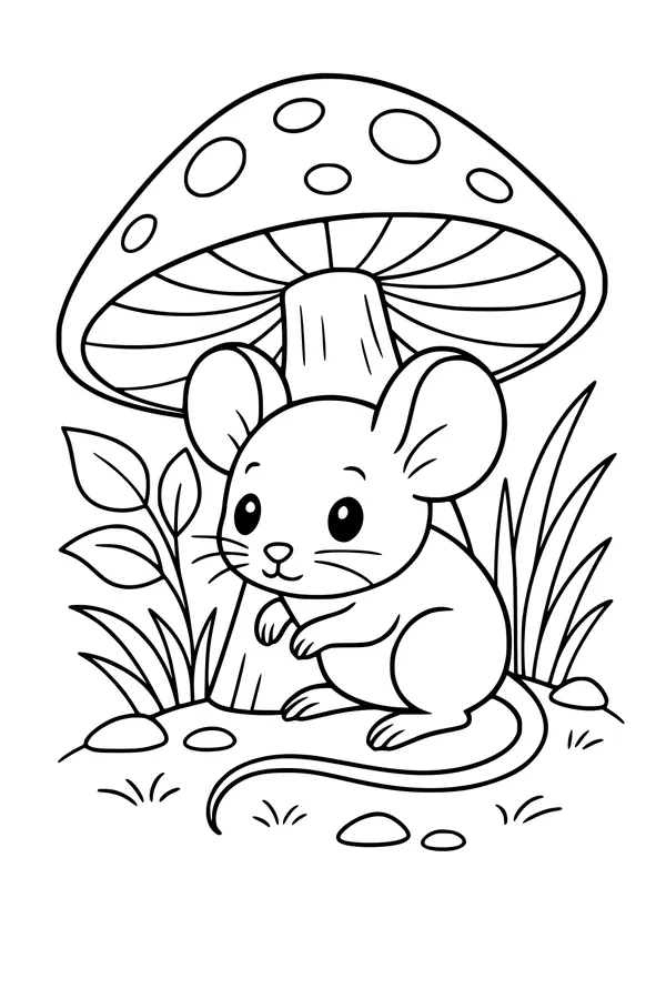 Free Mouse Coloring Page - Cute Forest Mushroom Home Scene (Printable PDF)