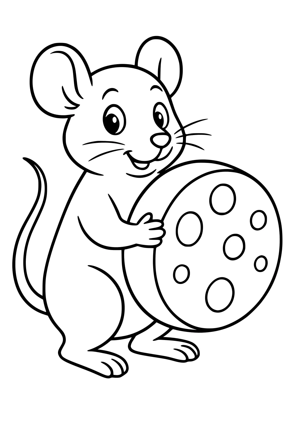 Cartoon mouse standing upright, smiling, and holding a cheese wheel with holes.