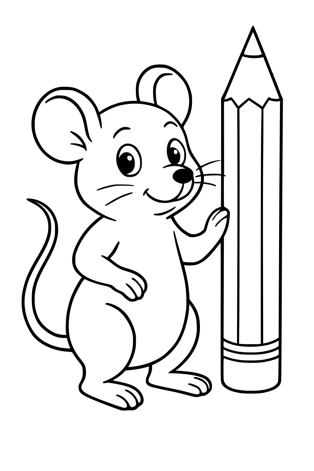 Mouse standing on two feet, one paw touching a huge pencil, smiling, with large ears and long tail.