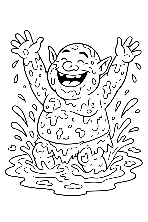 Free Ogre Coloring Page - Happy Ogre Boy Splashing in Mud Puddle (Printable PDF)