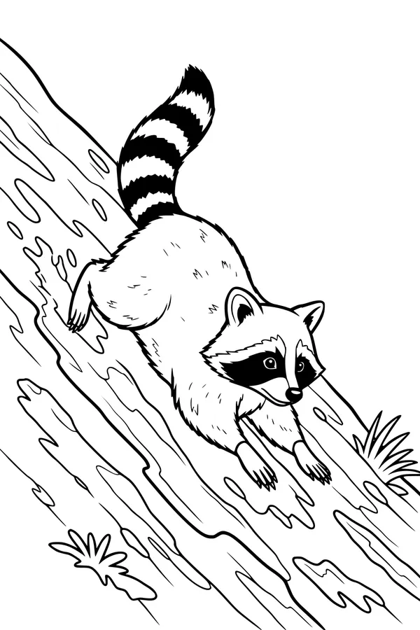 Free Raccoon Coloring Page - Sliding Down Forest Hillside (Printable PDF)