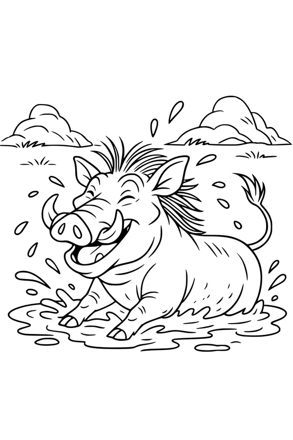 Free Warthog Coloring Page - Smiling Warthog in Muddy Puddle (Printable PDF)