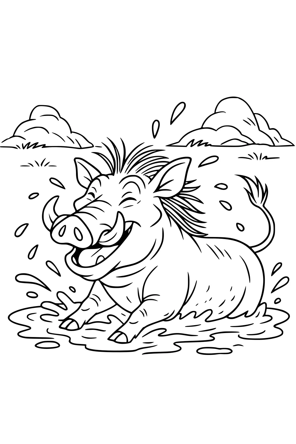 Happy warthog splashing in a muddy puddle, mouth open, eyes closed, with hills and grass in the background.