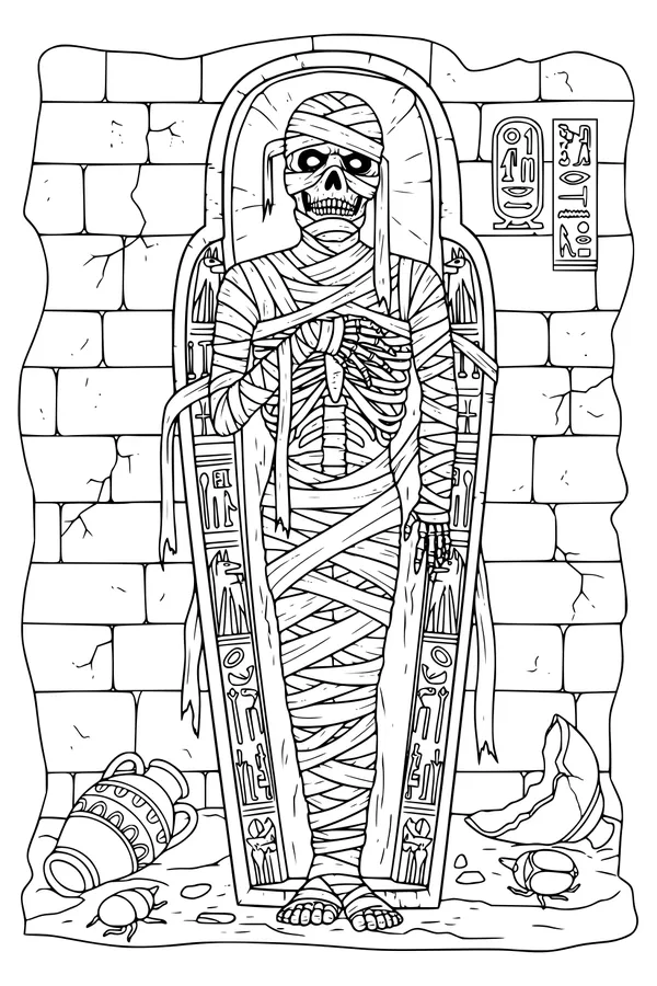 Free Mummy King Coloring Page - Ancient Egyptian Tomb Sarcophagus (Printable PDF)