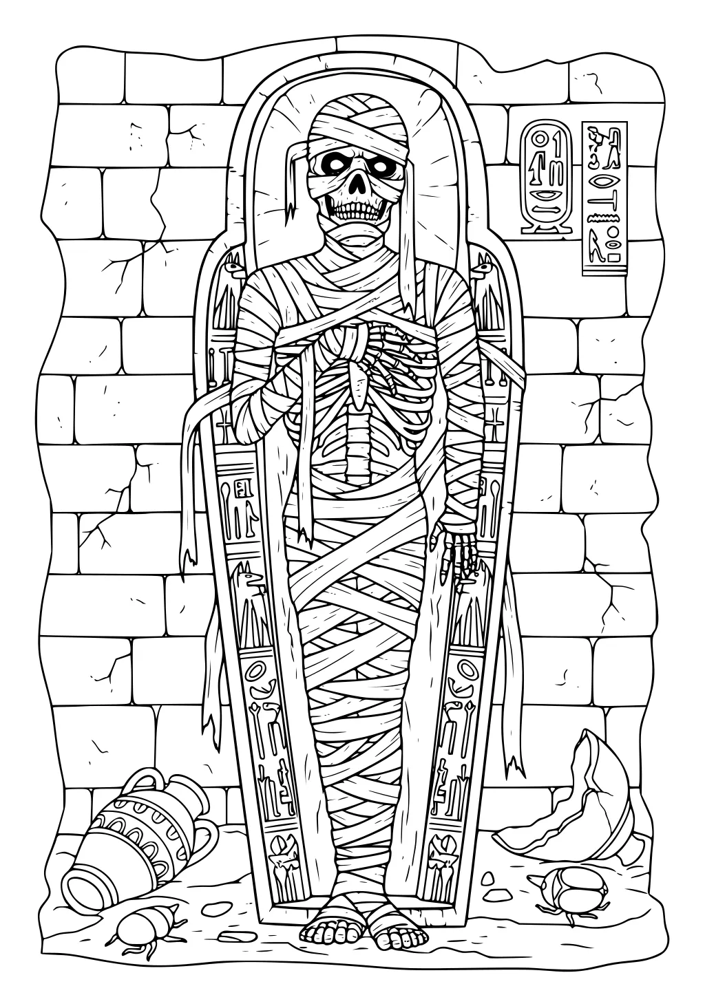 Mummy in open sarcophagus, cracked stone wall, hieroglyph panels, ribcage showing, loose bandages, scarabs, broken pottery.