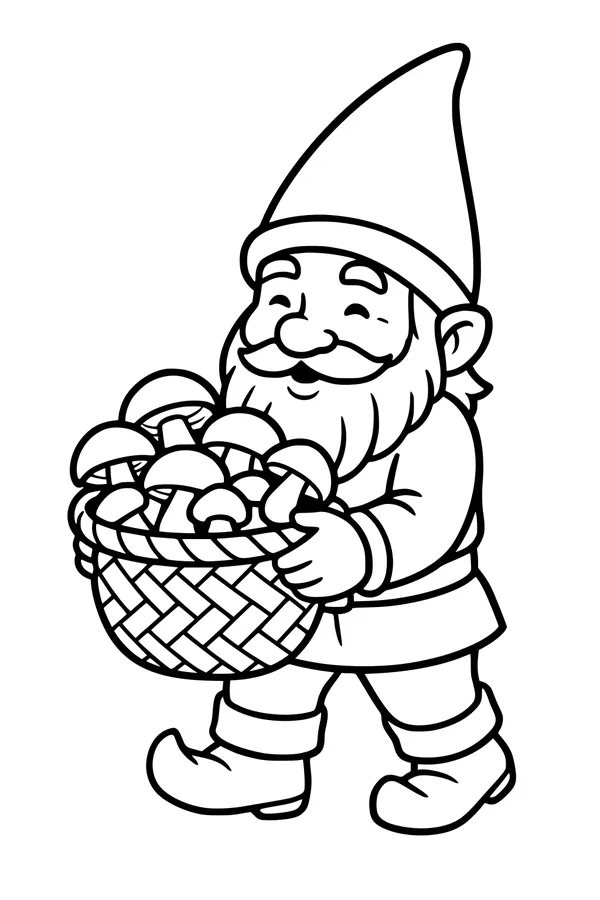Free Gnome Coloring Page - Cheerful Gnome With Mushroom Basket (Printable PDF)