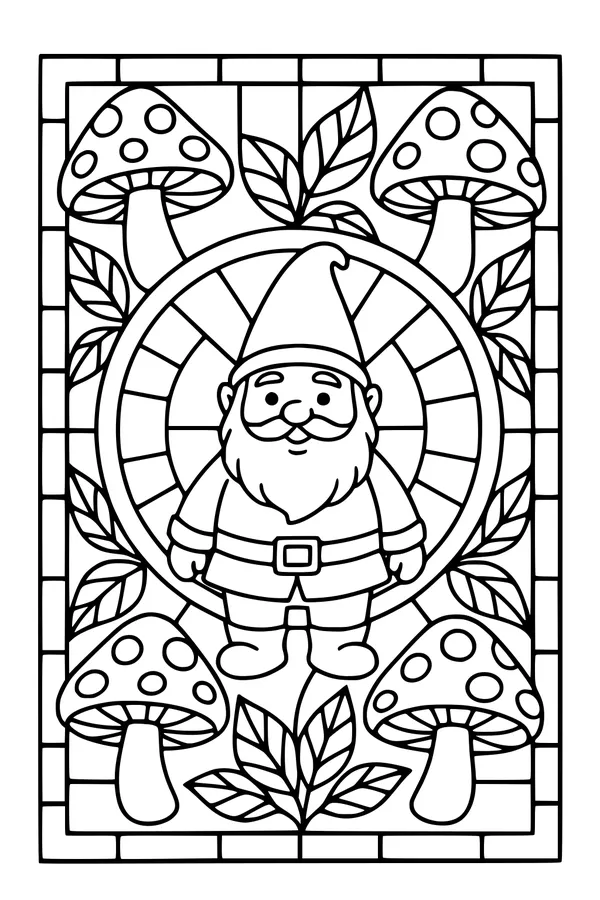 Free Gnome Coloring Page - Bearded Gnome in Mushroom Patch (Printable PDF)