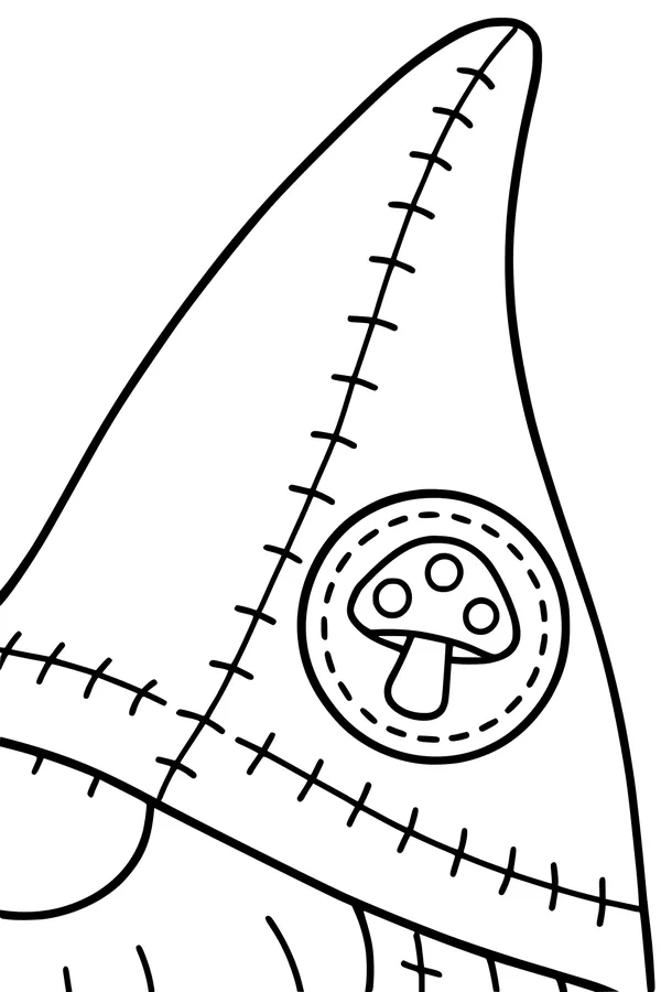 Free Gnome Coloring Page - Stitched Hat With Mushroom Patch (Printable PDF)