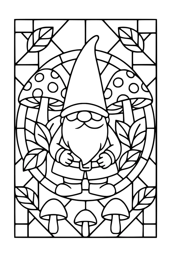 Free Gnome Coloring Page - Bearded Garden Gnome in Mushroom Ring (Printable PDF)