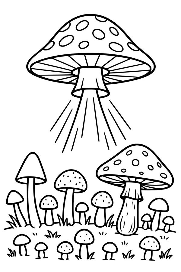 Free Alien UFO Coloring Page - Mushroom Saucer Over Toadstool Town (Printable PDF)