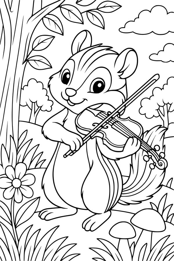 Free Chipmunk Coloring Page - Violin Music in the Forest (Printable PDF)