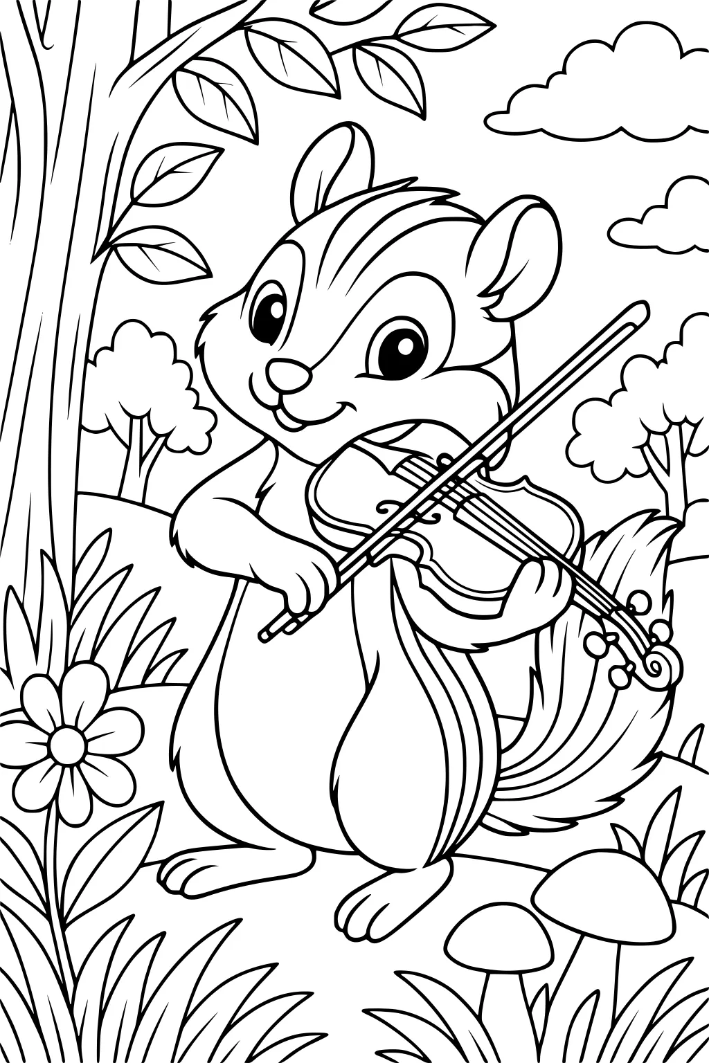 Chipmunk holding a violin and bow in a forest, surrounded by grass, mushrooms, and a large flower.