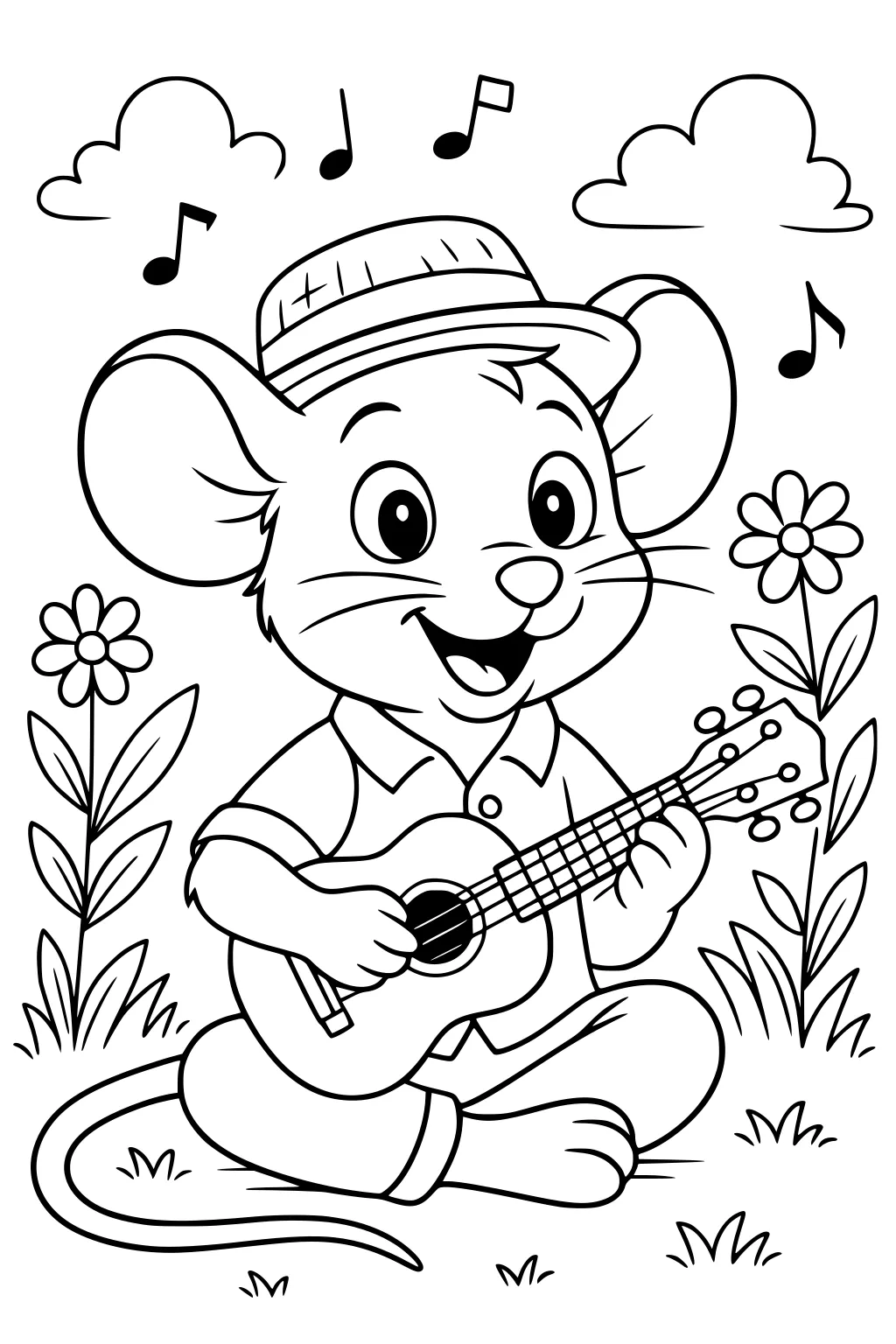 Mouse in a hat sitting on grass playing a guitar, surrounded by flowers, puffy clouds, and music notes in the sky.