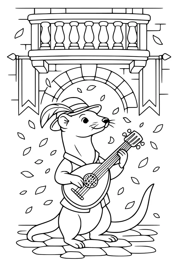 Free Weasel Coloring Page - Musical Lute Player Under Balcony (Printable PDF)