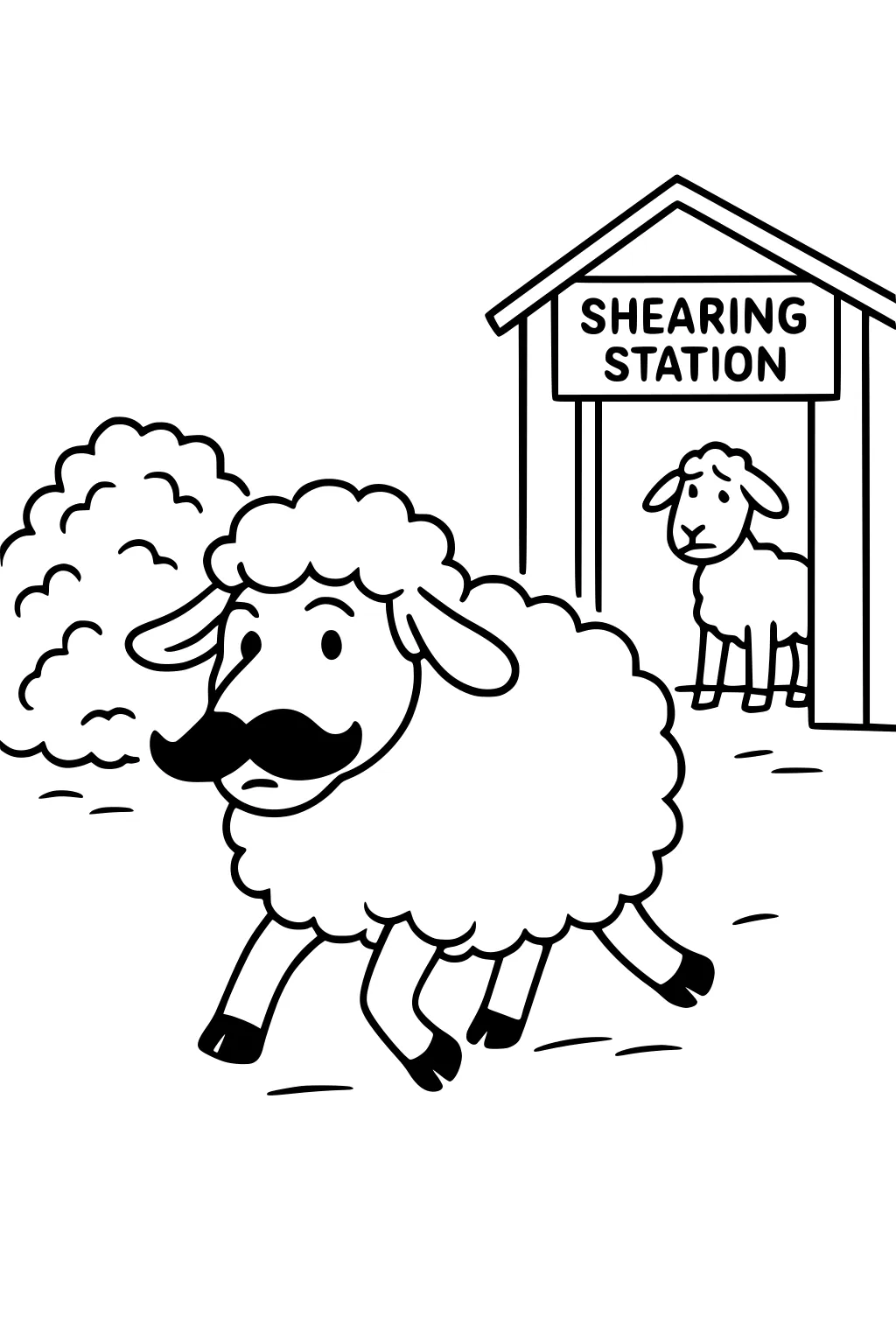 A fluffy sheep with a big mustache walks past a shearing station while another sheep stands inside the station.