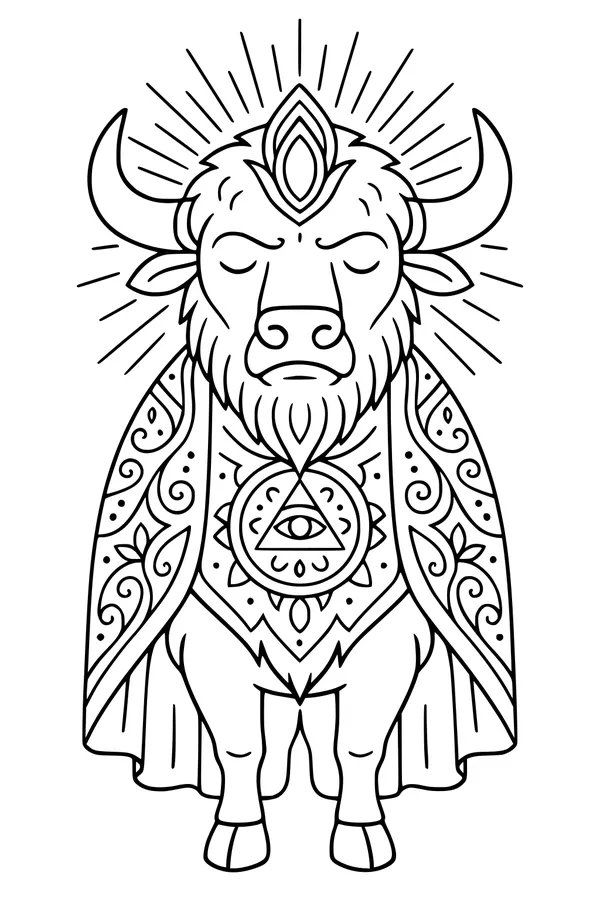 Free Buffalo Coloring Page - Magical Buffalo King in Jewel Cape (Printable PDF)